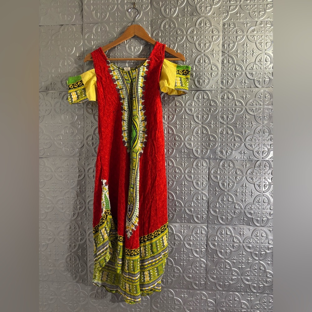 Seven island New York tribal red yellow African Dress vintage maxi cold shoulder